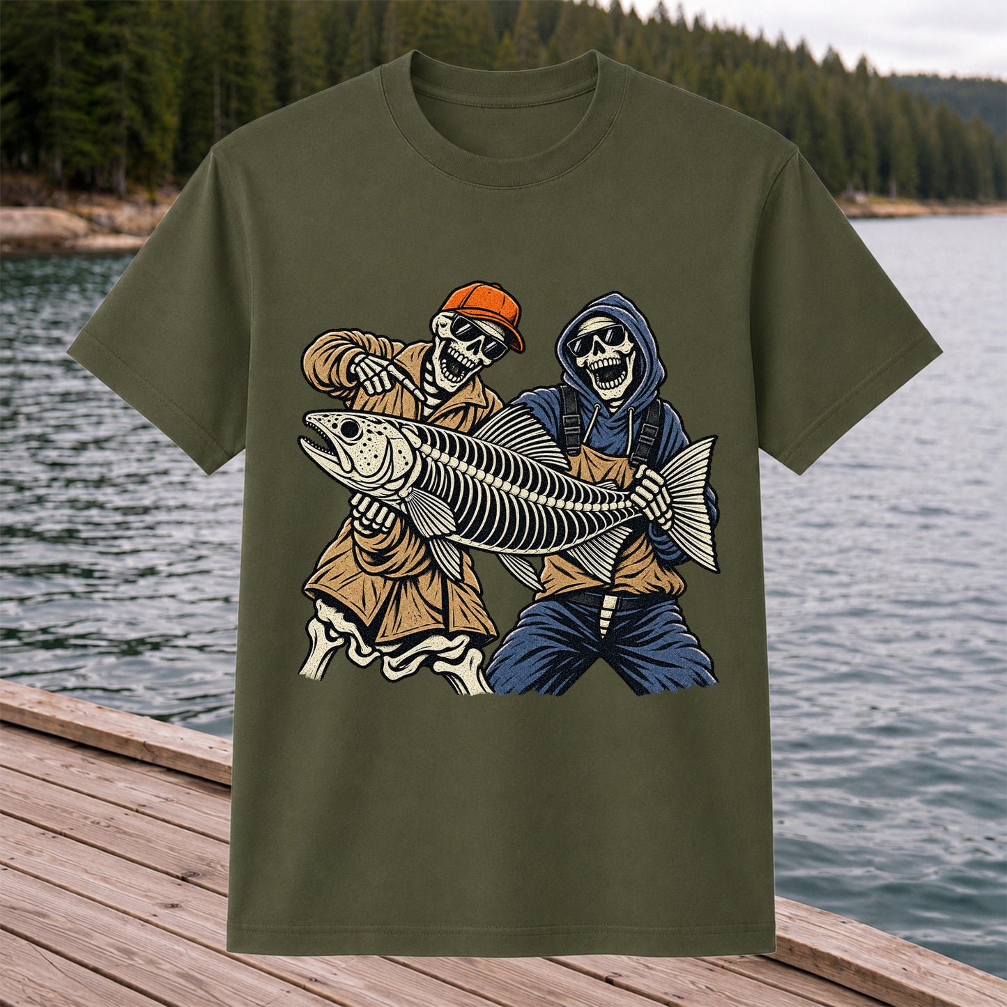 Skeleton Anglers Holding a Giant Fish Graphic T-Shirt