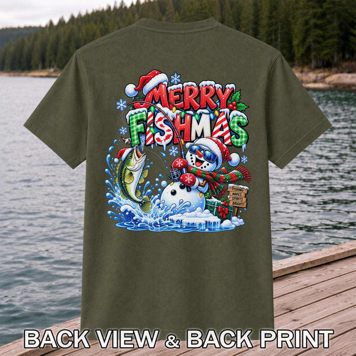 Merry Fishmas Christmas Fishing Graphic T-Shirt | Back Print