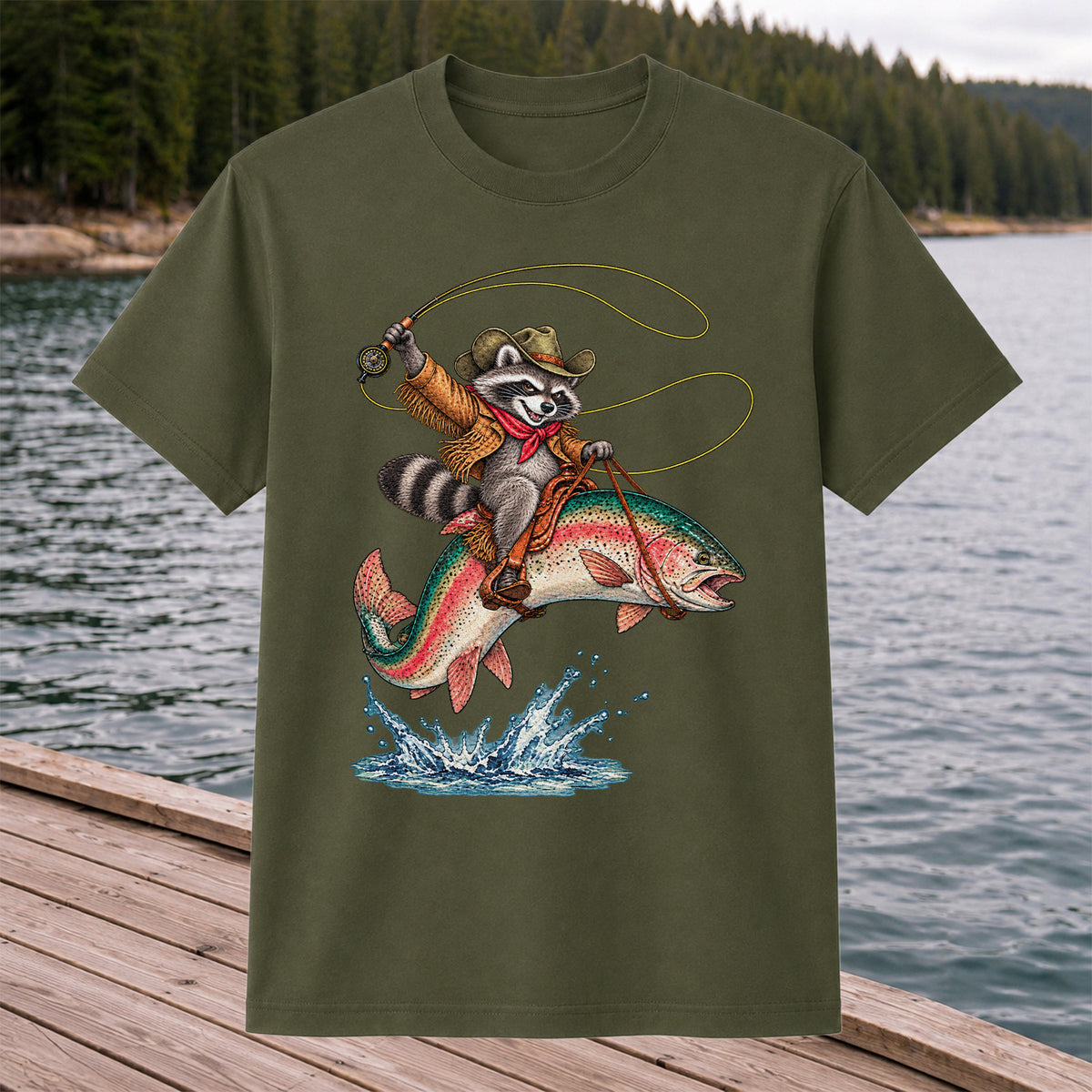 Cowboy Raccoon Riding a Rainbow Trout Fishing Graphic T-Shirt