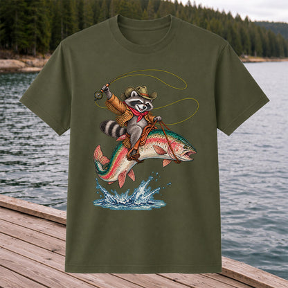 Cowboy Raccoon Riding a Rainbow Trout Fishing Graphic T-Shirt