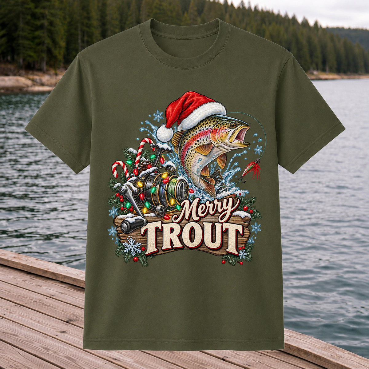 Merry Trout Christmas Rainbow Trout and Fishing Reel T-Shirt