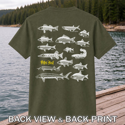 German Freshwater Fish Species Chart Fishing Graphic T-Shirt | Back Print