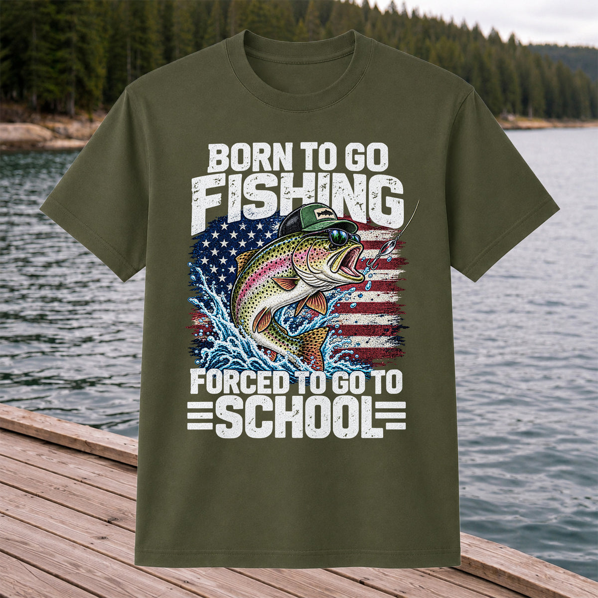 Born to Go Fishing Forced to Go to School American Flag Rainbow Trout T-Shirt