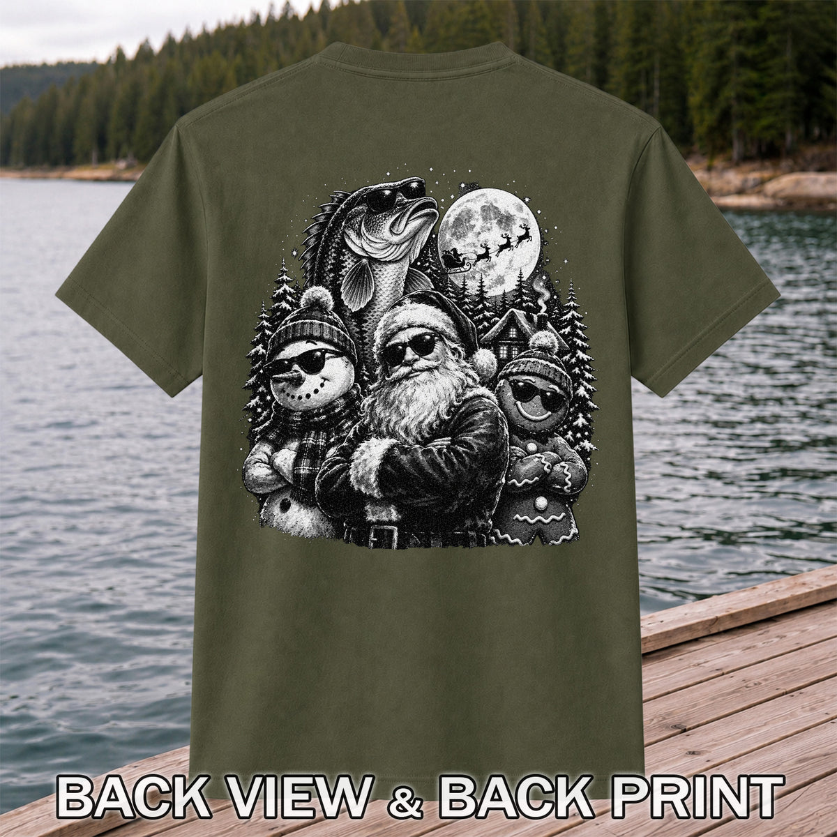 Santa Snowman Gingerbread and Bass Christmas Fishing T-Shirt | Back Print