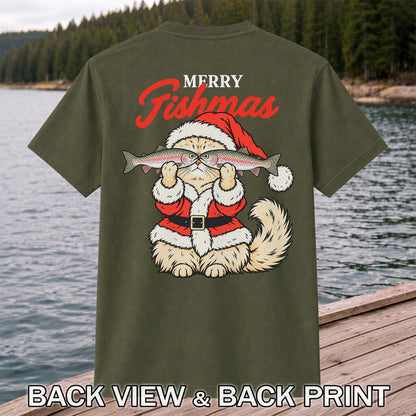 Santa Cat Holding Trout Merry Christmas Fishing T-Shirt | Back Print