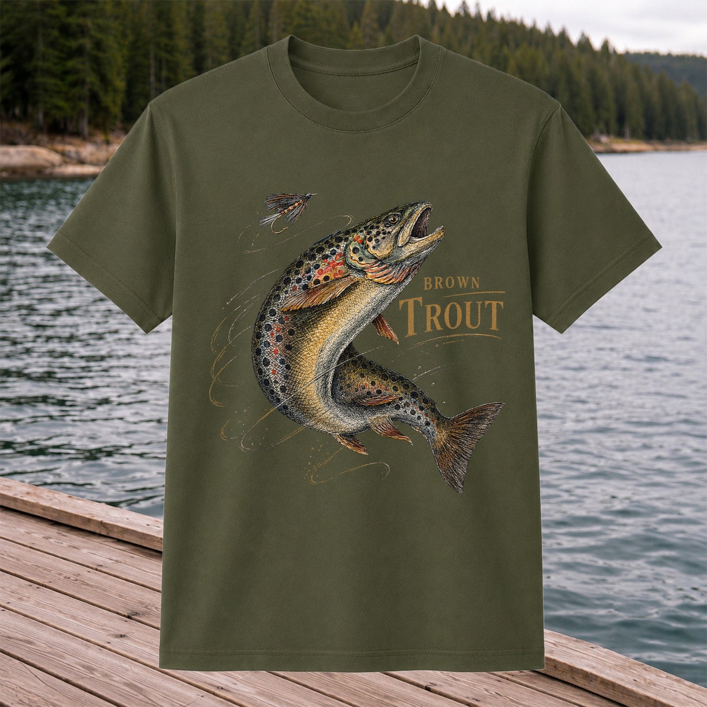 Brown Trout Chasing Fly Vintage Fishing Graphic T-Shirt