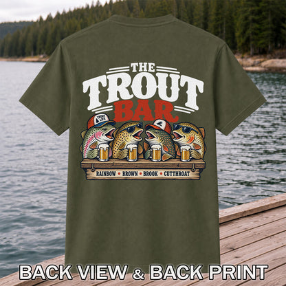 The Trout Bar Rainbow Brown Brook Cutthroat Funny Fishing T-Shirt | Back Print
