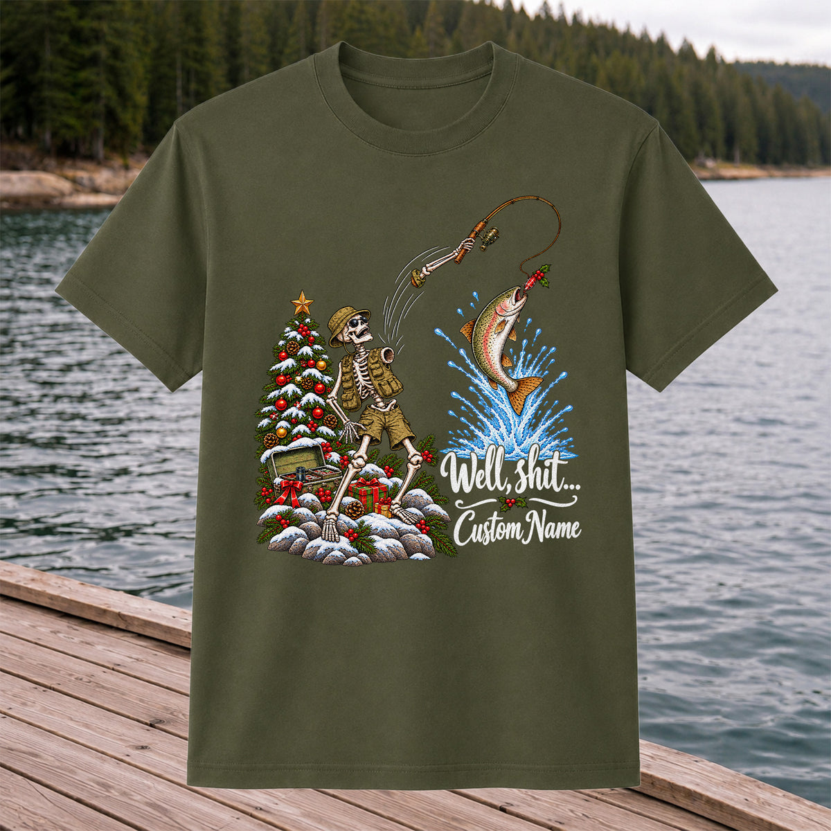 Skeleton Angler Christmas Fishing Personalized Graphic T-Shirt