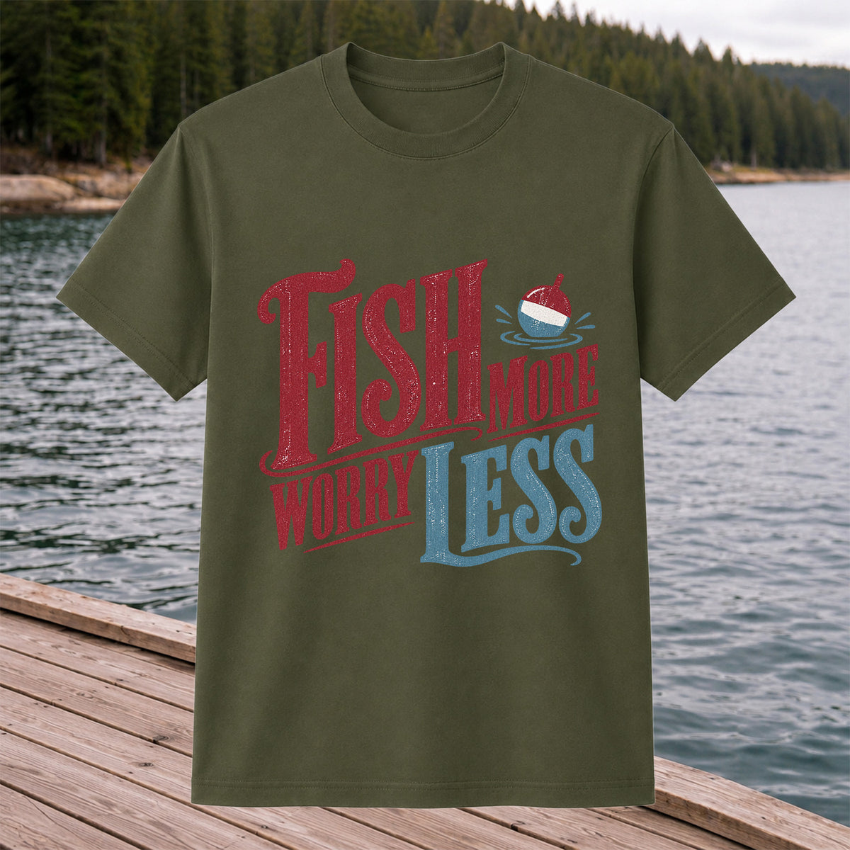 Fish More Worry Less Vintage Bobber Fishing Graphic T-Shirt