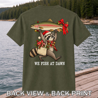 Christmas Raccoon Holding Rainbow Trout Fishing T-Shirt | Back Print