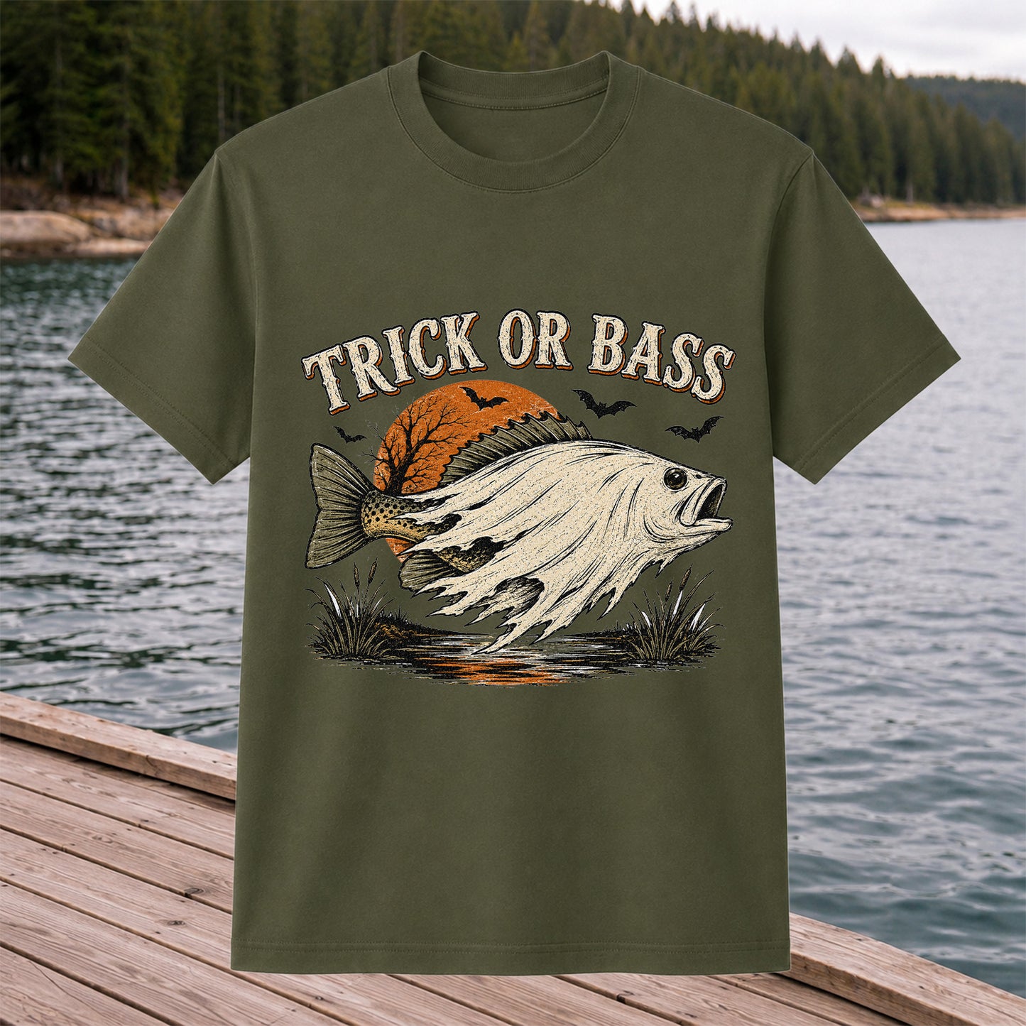 Trick or Bass Halloween Fishing T-Shirt, Vintage Trout Angler Tee