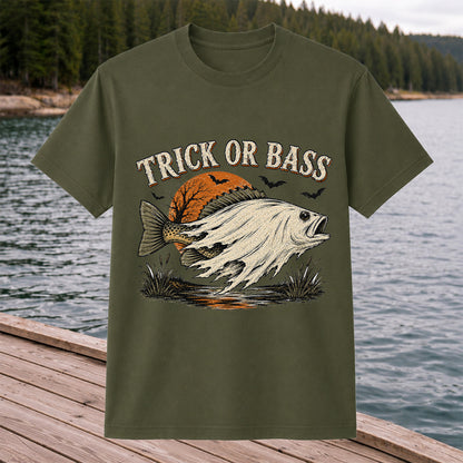 Trick or Bass Halloween Fishing T-Shirt, Vintage Trout Angler Tee