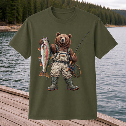 Bear Fishing with Rainbow Trout Outdoor Graphic T-Shirt