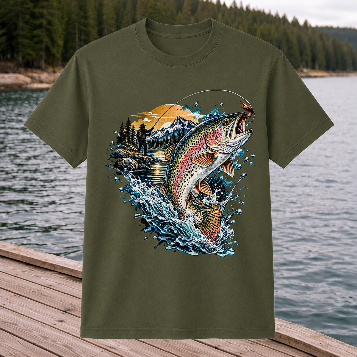 Leaping Rainbow Trout Mountain River Fly Fishing Graphic T-Shirt