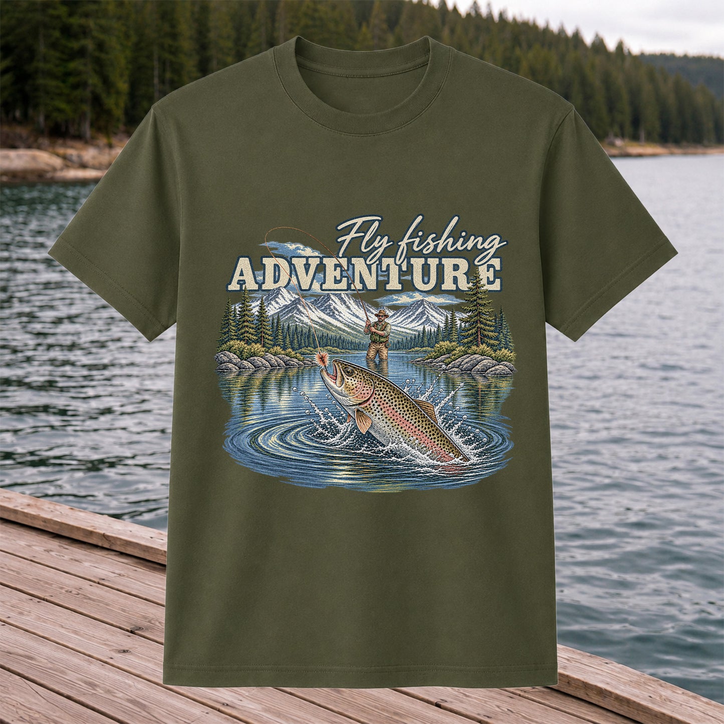 Fly Fishing Adventure Trout Mountain Lake Graphic T-Shirt