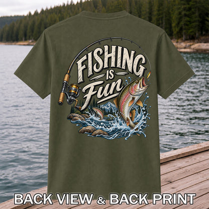 Fishing Is Fun Rainbow Trout and Mountain Graphic T-Shirt | Back Print
