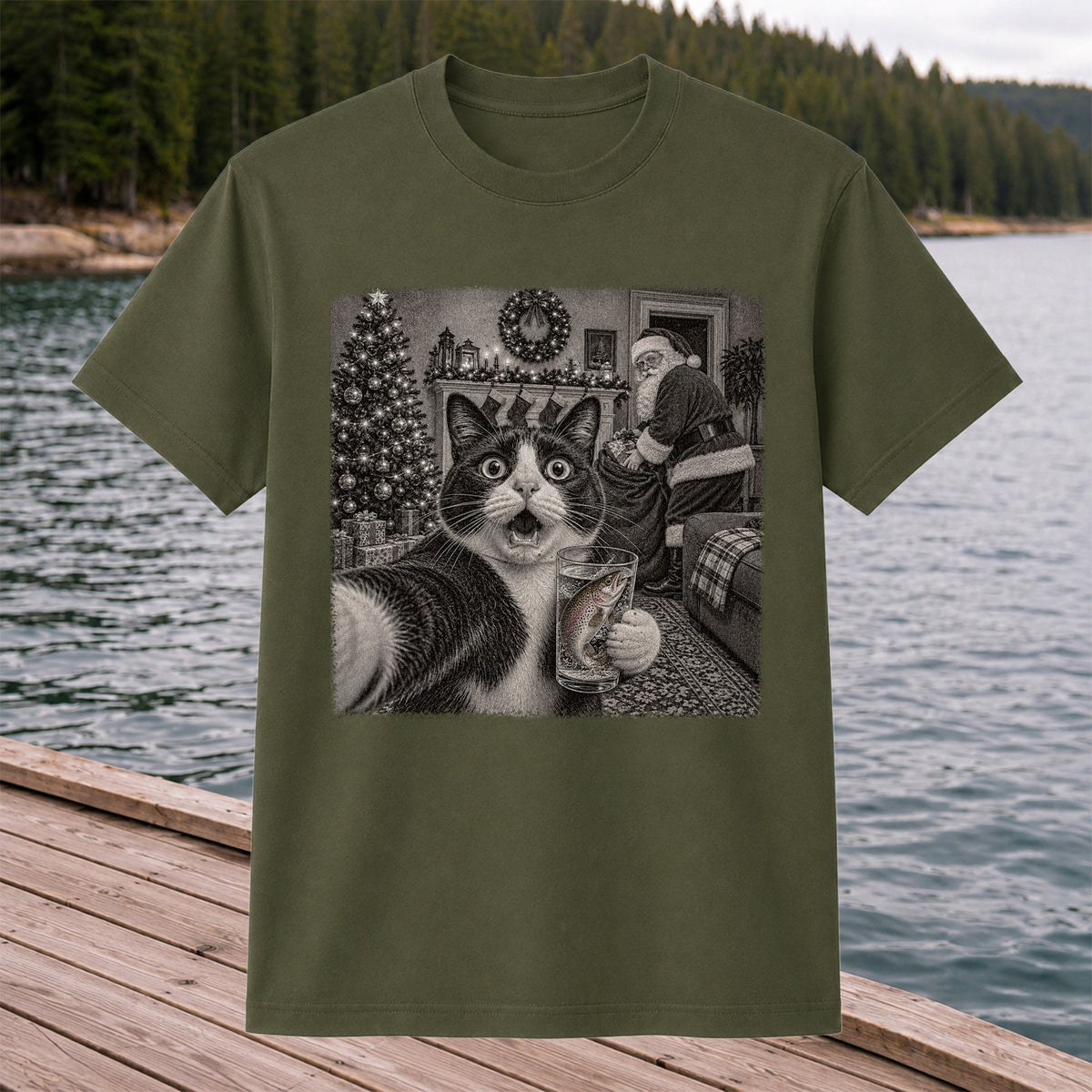 Christmas Cat Holding a Fish Mug Holiday Graphic T-Shirt