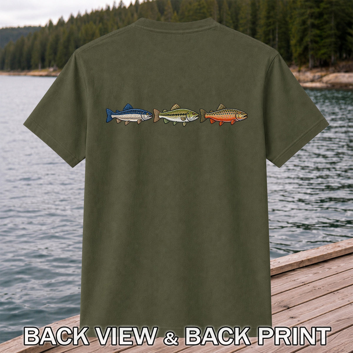 Trout and Bass Trio Minimalist Fishing Graphic T-Shirt | Back Print
