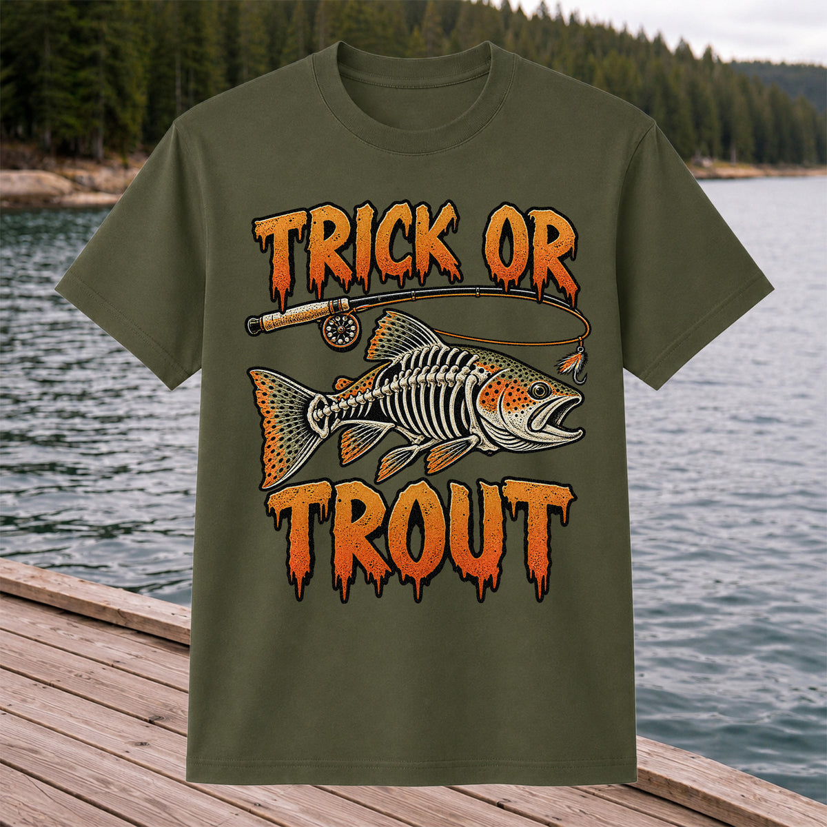 Trick or Trout Skeleton Trout Halloween Fly Fishing T-Shirt