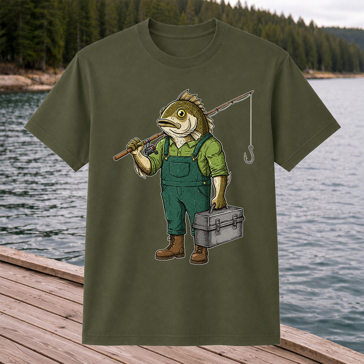 Funny Bass Fisherman Carrying Tackle Box Graphic T-Shirt