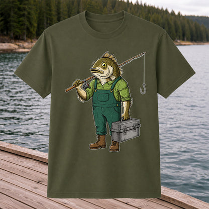 Funny Bass Fisherman Carrying Tackle Box Graphic T-Shirt