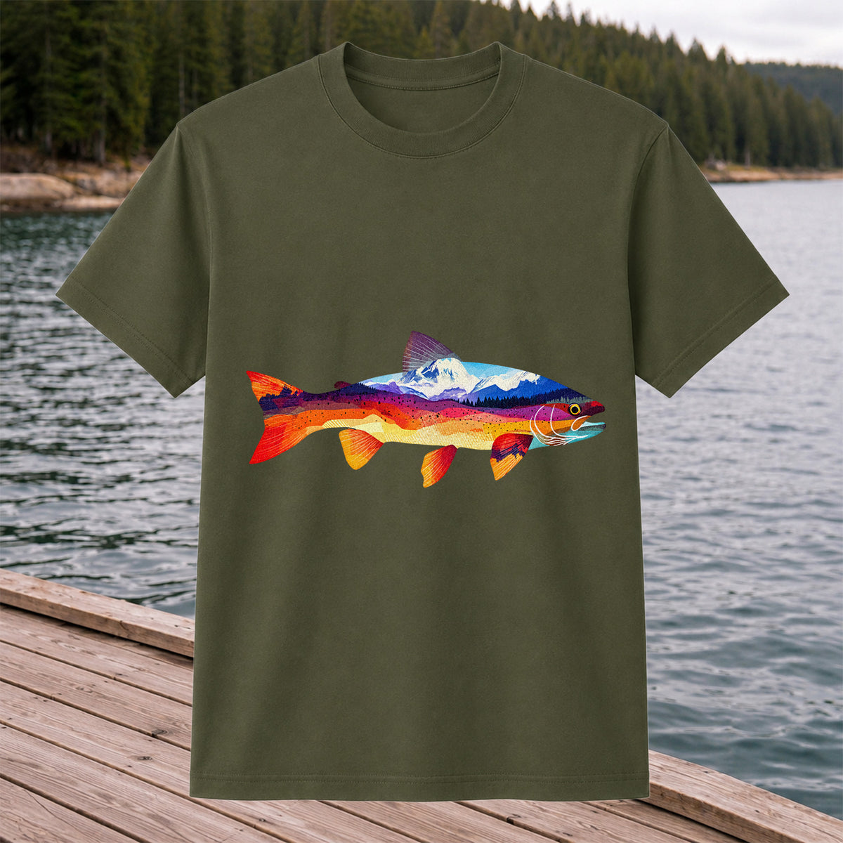 Mountain Sunset Trout Silhouette Fishing Graphic T-Shirt