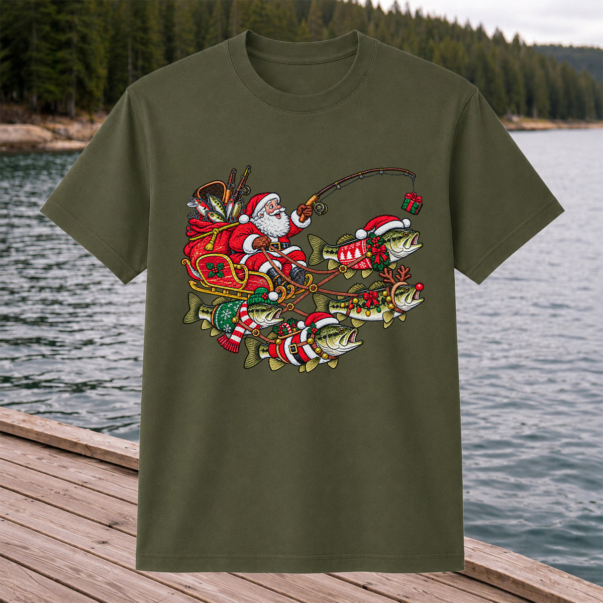 Santa Pulling Festive Bass Fishing Graphic T-Shirt