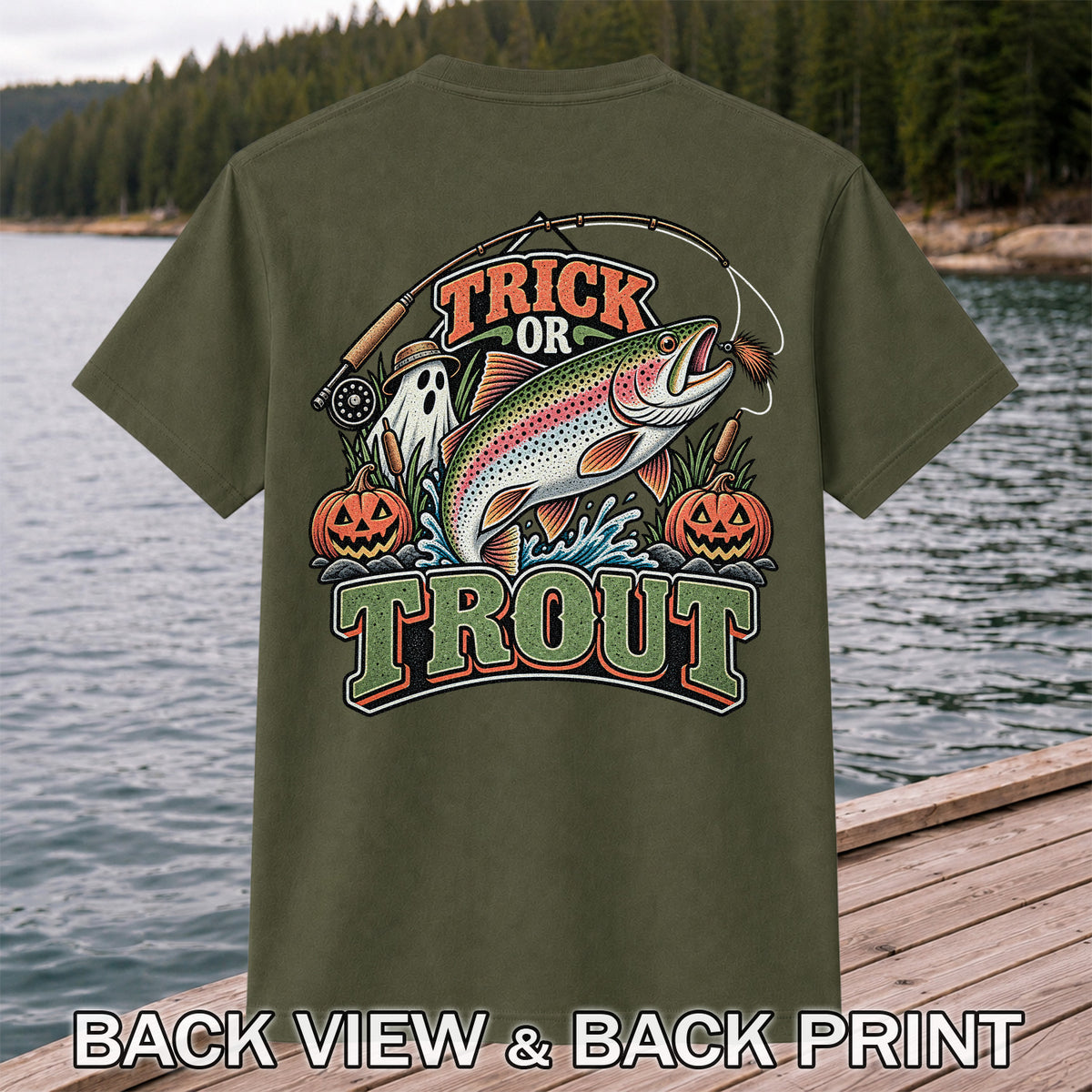 Trick or Trout Rainbow Trout Ghost and Pumpkins Halloween Fishing T-Shirt | Back Print