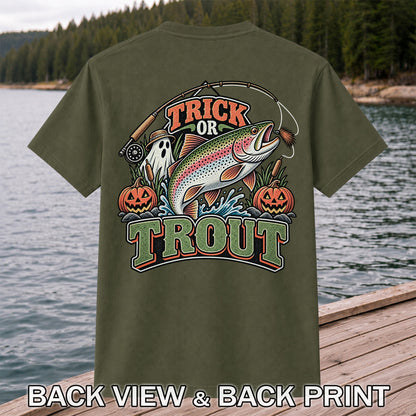 Trick or Trout Rainbow Trout Ghost and Pumpkins Halloween Fishing T-Shirt | Back Print