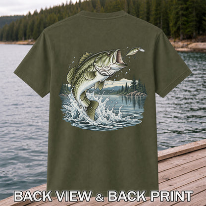 Jumping Largemouth Bass Chasing a Lure Lake Fishing Graphic T-Shirt | Back Print