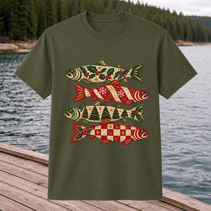 Christmas Trout Holiday Pattern Fishing Graphic T-Shirt