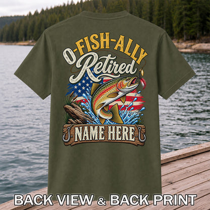 Retired Rainbow Trout American Flag Fishing T-Shirt | Back Print