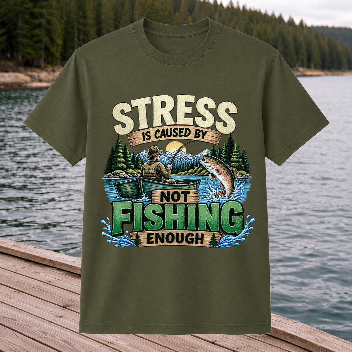 Stress Is Caused by Not Fishing Enough Rainbow Trout and Fishing Boat T-Shirt