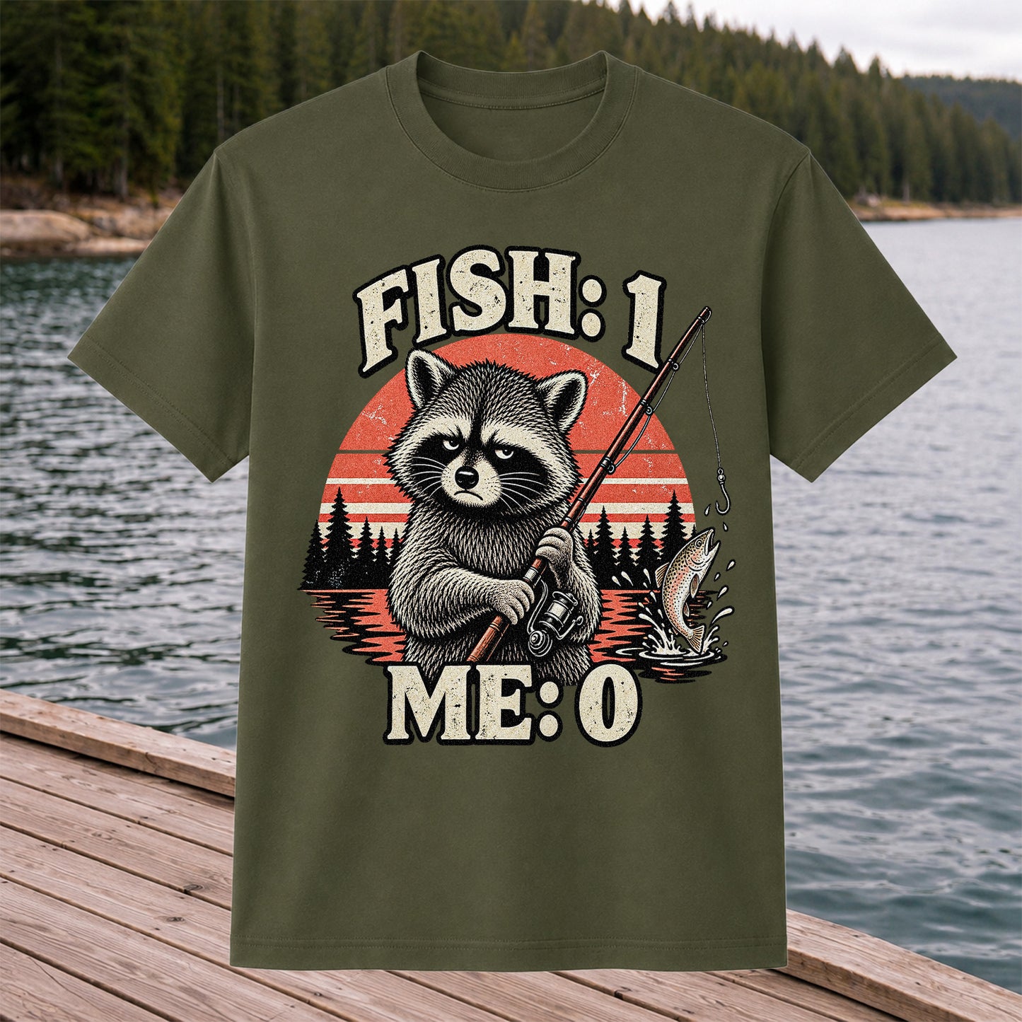 Fish: 1 Me: 0 Funny Raccoon Trout Fishing T-Shirt
