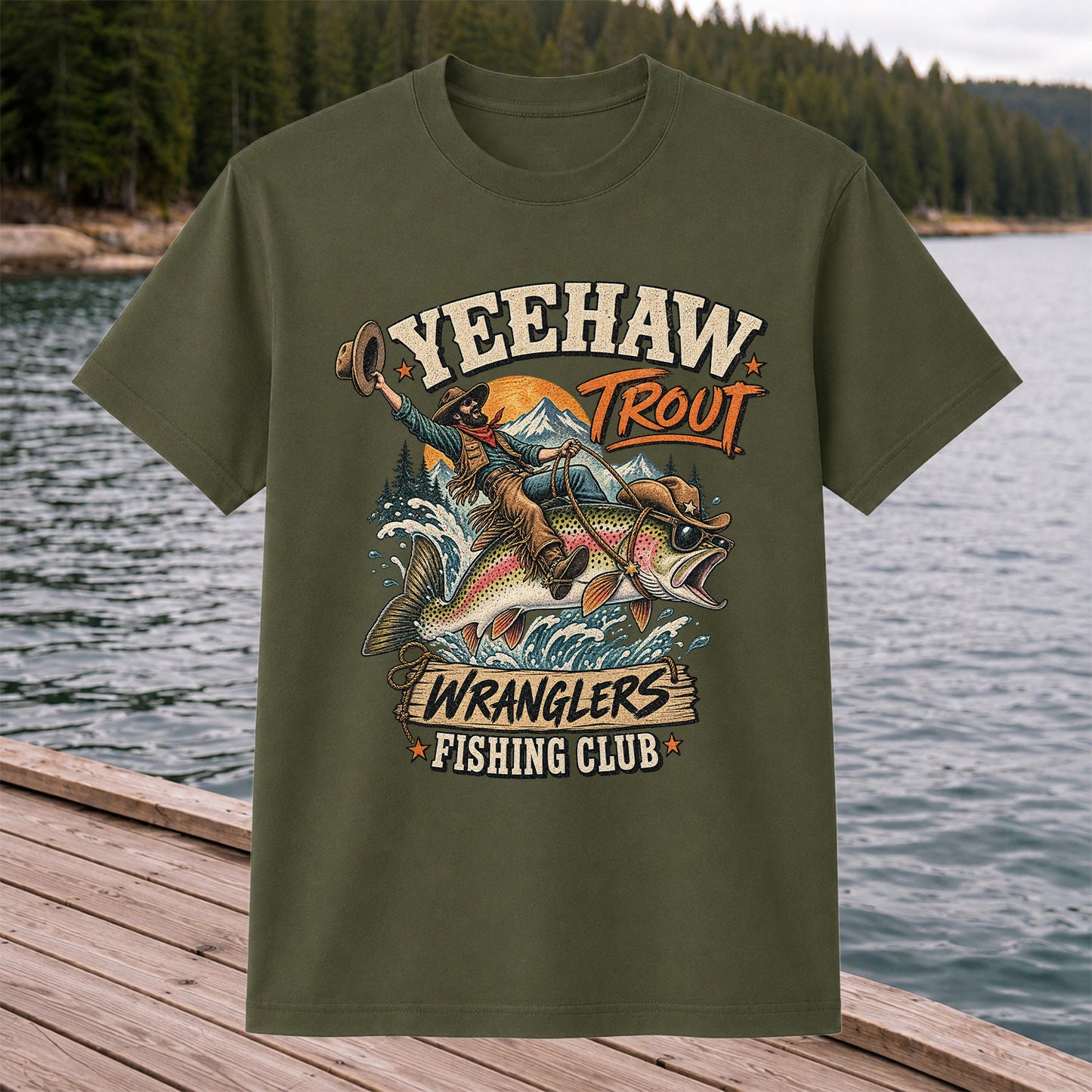 Yeehaw Trout Wranglers Fishing Club Cowboy Graphic T-Shirt