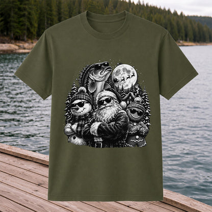 Santa Snowman Gingerbread and Bass Christmas Fishing T-Shirt
