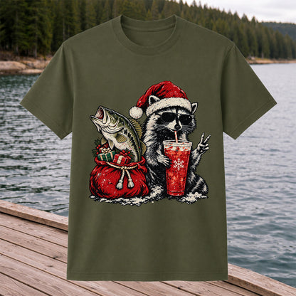 Santa Raccoon Sharing a Bass Christmas Fishing Graphic T-Shirt