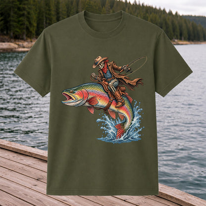 Skeleton Cowboy Riding a Rainbow Trout Fishing Graphic T-Shirt