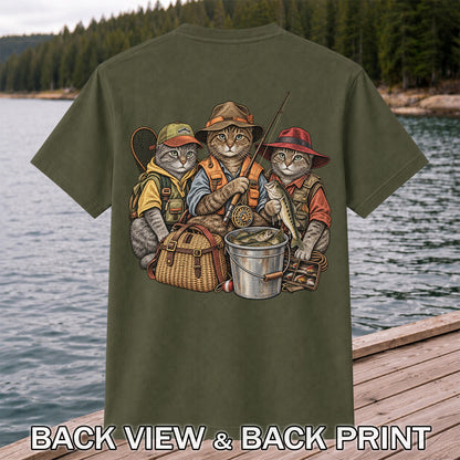 Three Fishing Cats with Rod and Catch Vintage Graphic T-Shirt | Back Print