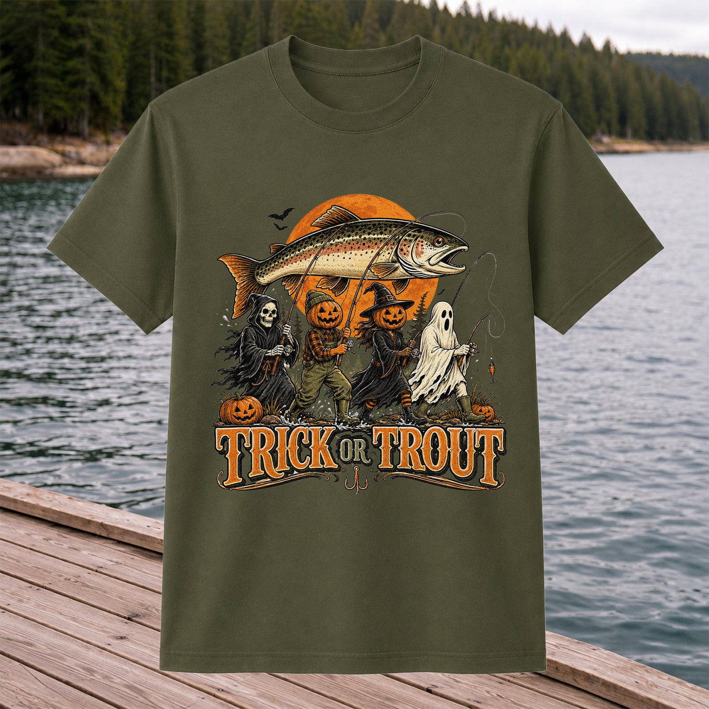 Trick or Trout Halloween Fishing T-Shirt, Vintage Trout Angler Tee