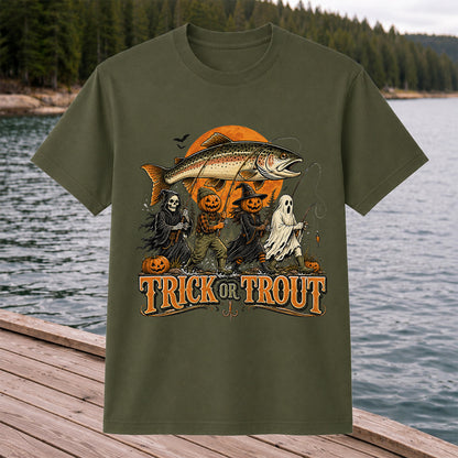 Trick or Trout Halloween Fishing T-Shirt, Vintage Trout Angler Tee