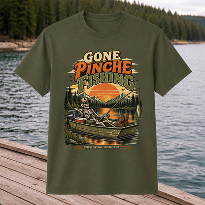 Gone Pinche Fishing Skeleton in a Boat Retro Graphic T-Shirt