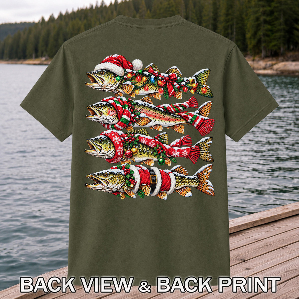 Christmas Trout Fishing Holiday Graphic T-Shirt | Back Print