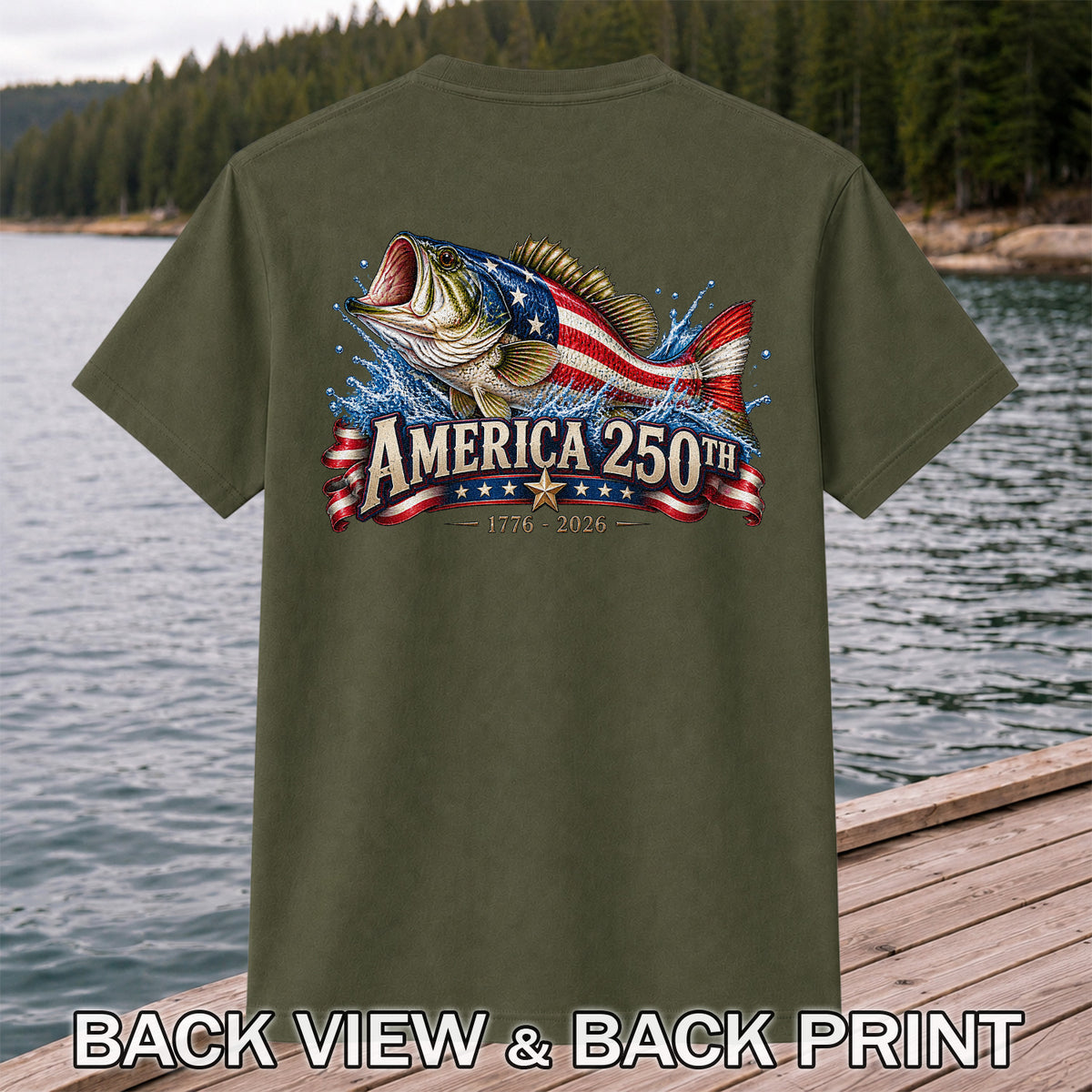 America 250th 1776–2026 American Flag Bass Fishing T-Shirt | Back Print