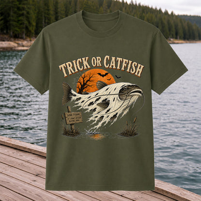 Trick or Catfish Halloween Fishing T-Shirt, Vintage Trout Angler Tee