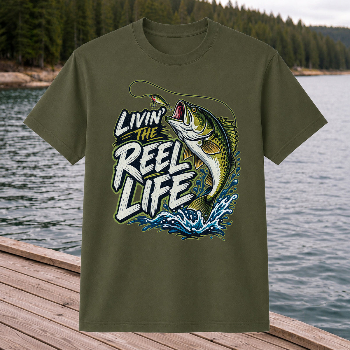 Livin' the Reel Life Jumping Bass Fishing Graphic T-Shirt