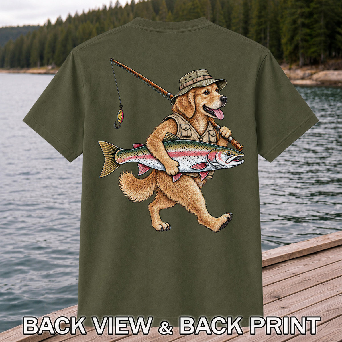 Golden Retriever Holding Rainbow Trout Fishing Graphic T-Shirt | Back Print