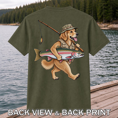 Golden Retriever Holding Rainbow Trout Fishing Graphic T-Shirt | Back Print