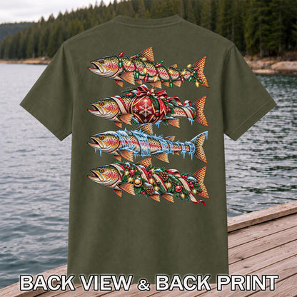 Christmas Rainbow Trout with Holiday Lights Fishing Graphic T-Shirt | Back Print