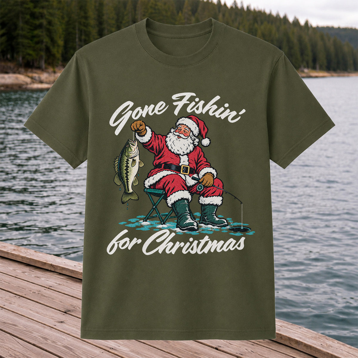 Santa Fishing with Bass Christmas Graphic T-Shirt